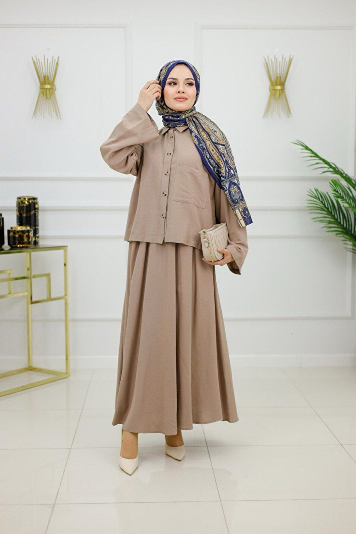 Kadın Tesettür 2'Li Takım Keten Gömlek & Etek