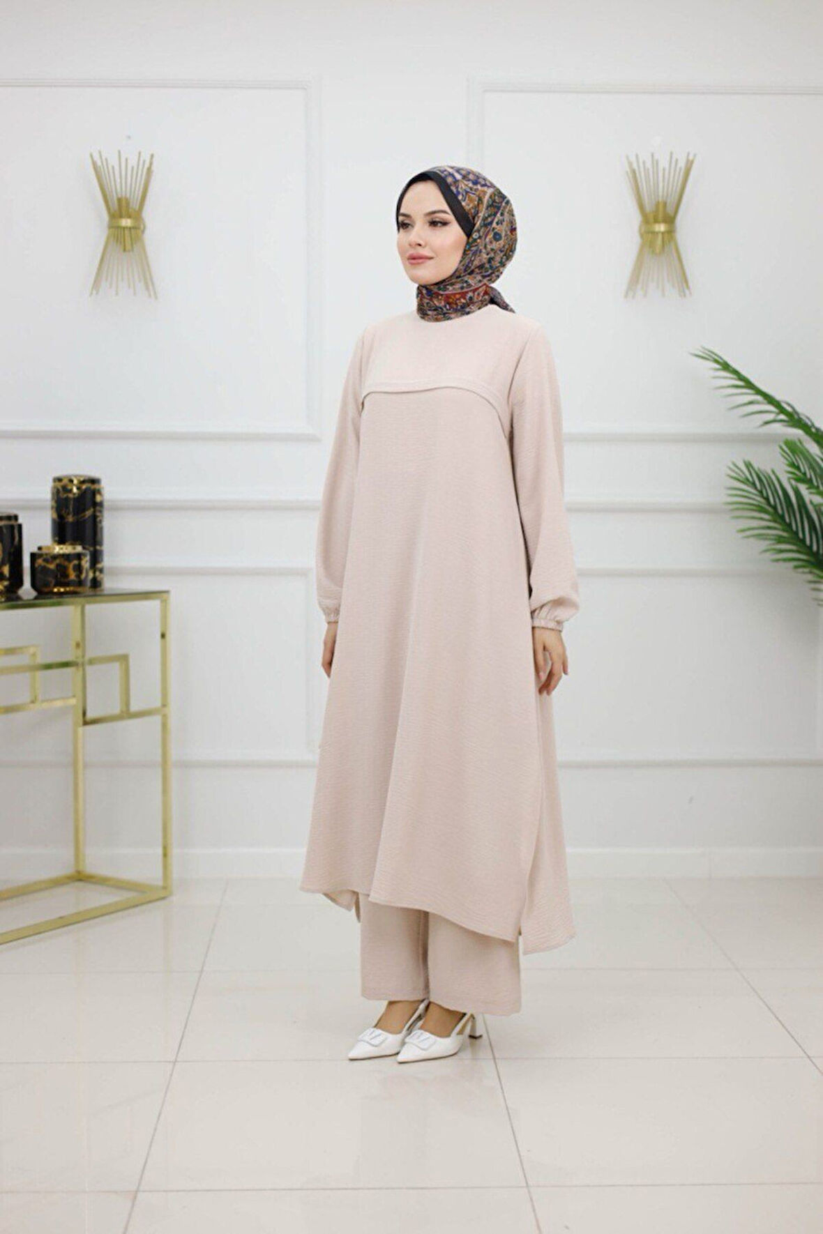 2'Li Kadın Tunikli Pantolon Takımı, Bilek Boy Elbise Tunik Pantolon