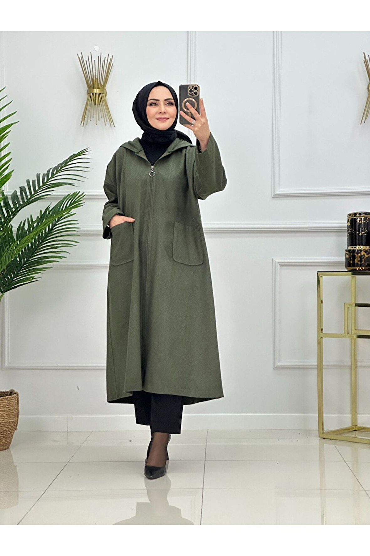 Kadın Tesettür Kaban Kapüşonlu Kaşe Kaban