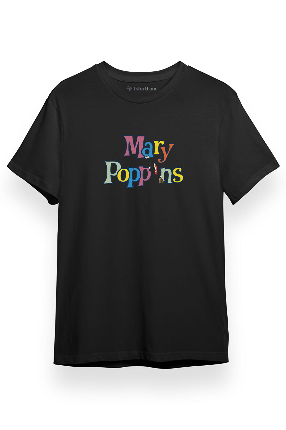 Mary Poppins Colorful Letters Siyah Kısa kol Erkek Tshirt