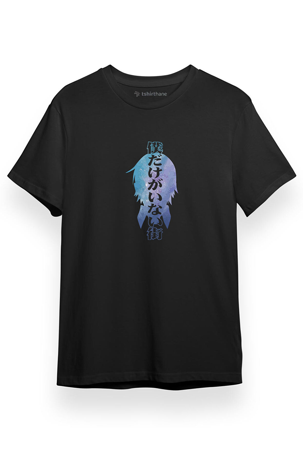 Erased Anime Blue Art Siyah Kısa kol Erkek Tshirt