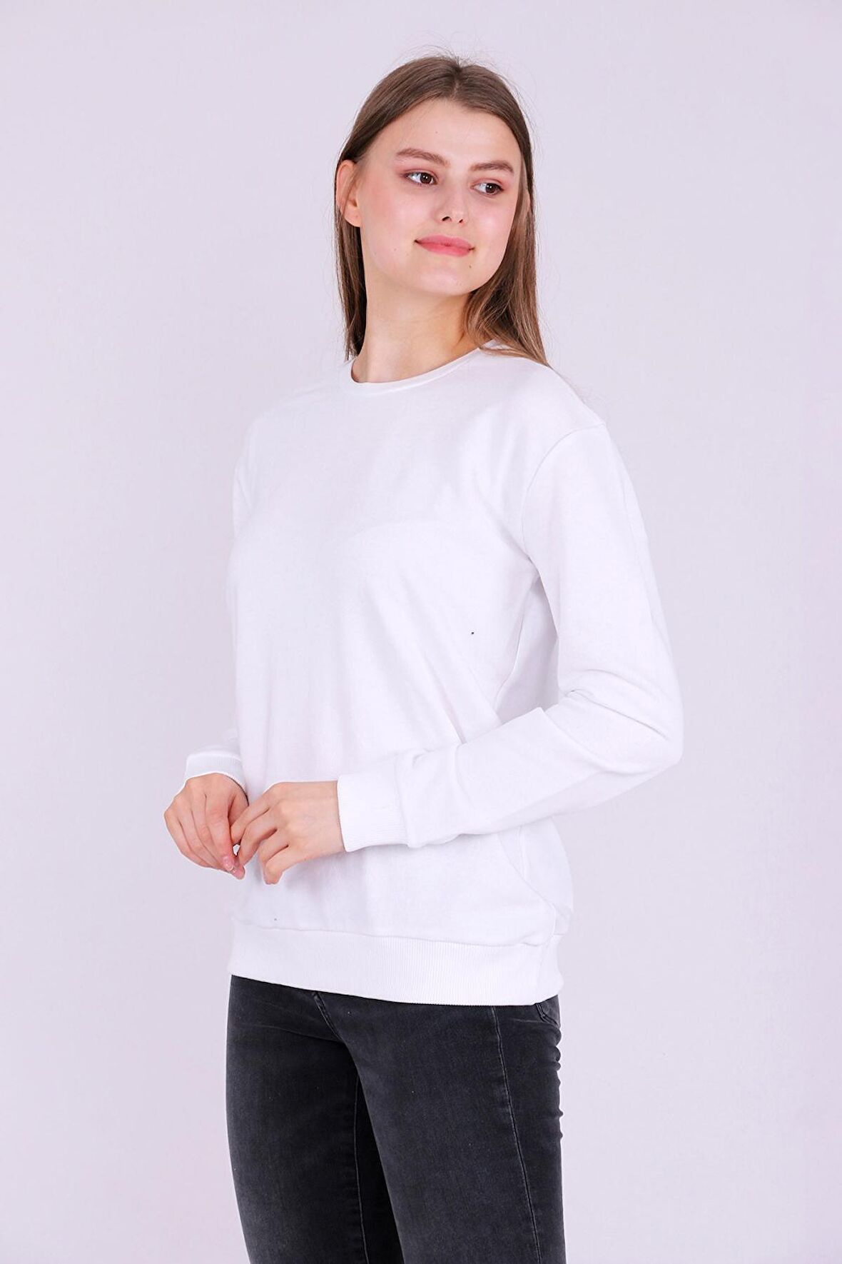 Beyaz Basic Kadın 2 iplik Sweatshirt