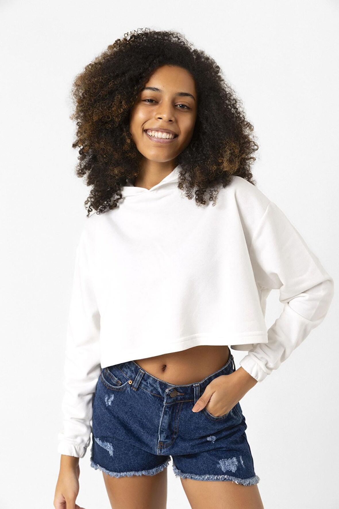 Basic Ekru Kapüşonlu Crop Sweatshirt