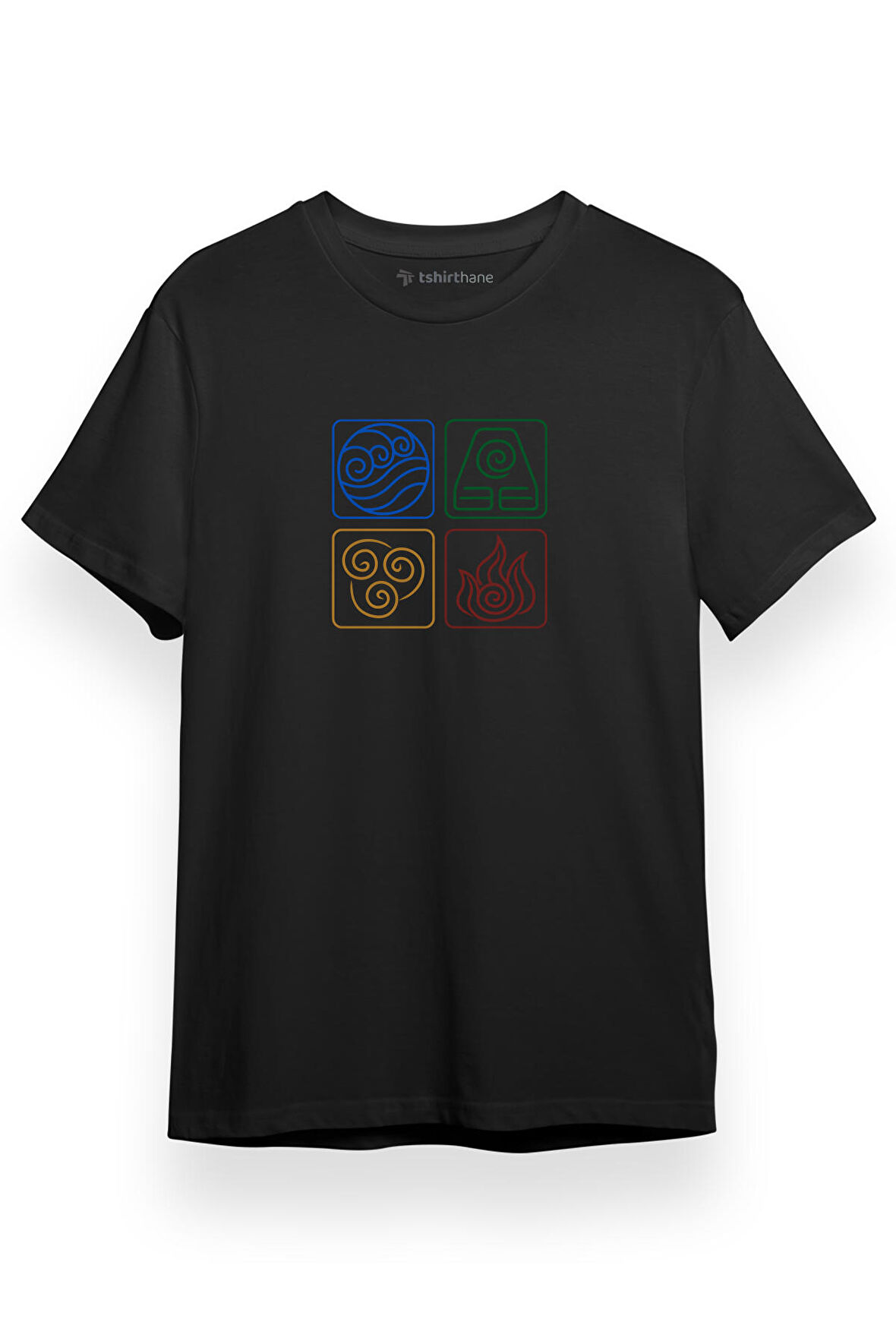 Avatar The Last Airbender Four Elements Icon Siyah Kısa kol Erkek Tshirt