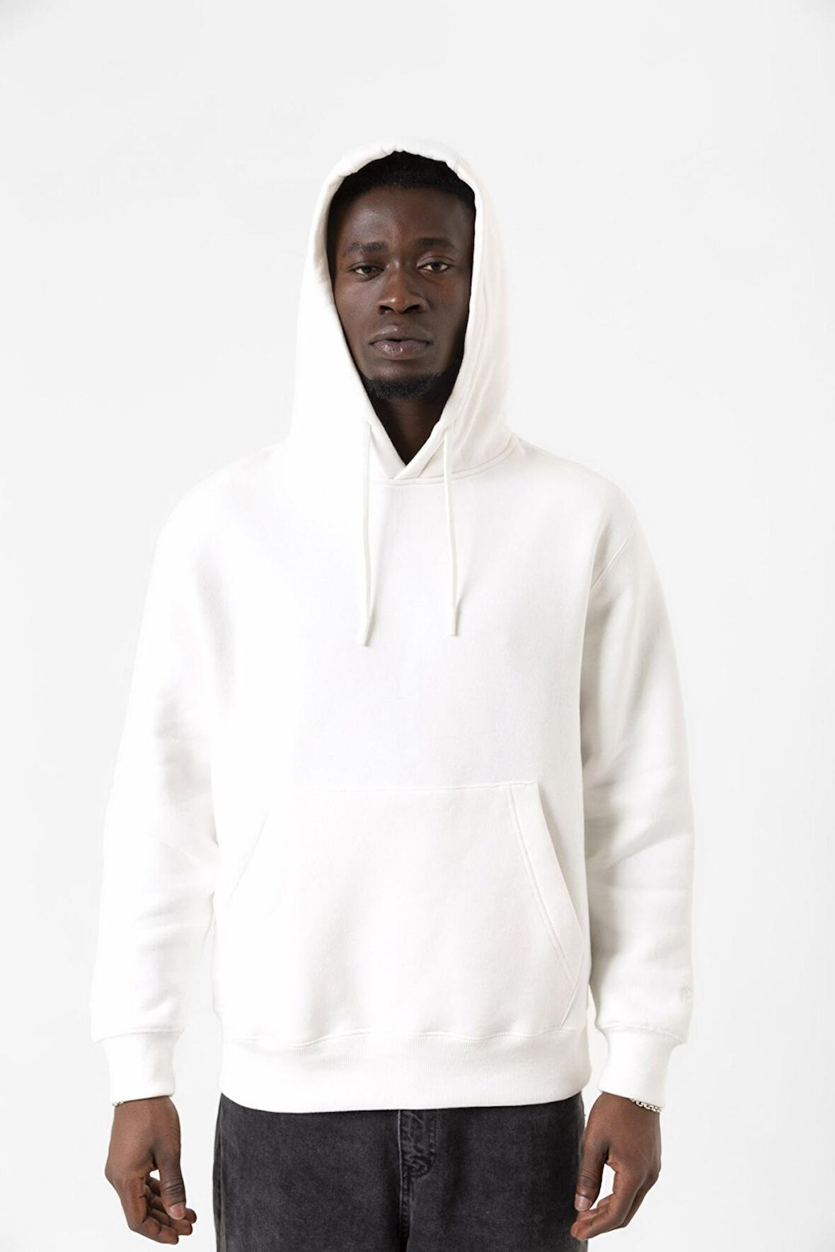 Beyaz Basic Oversize Erkek Kapüşonlu Hoodie 3 iplik Sweatshirt