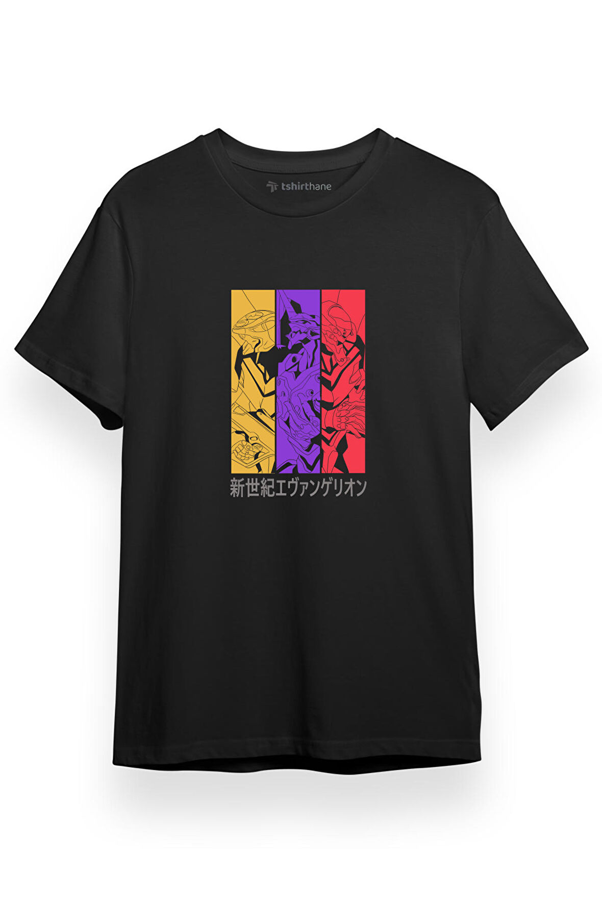 Neon Genesis Evangelion Colorful Poster Siyah Kısa kol Erkek Tshirt