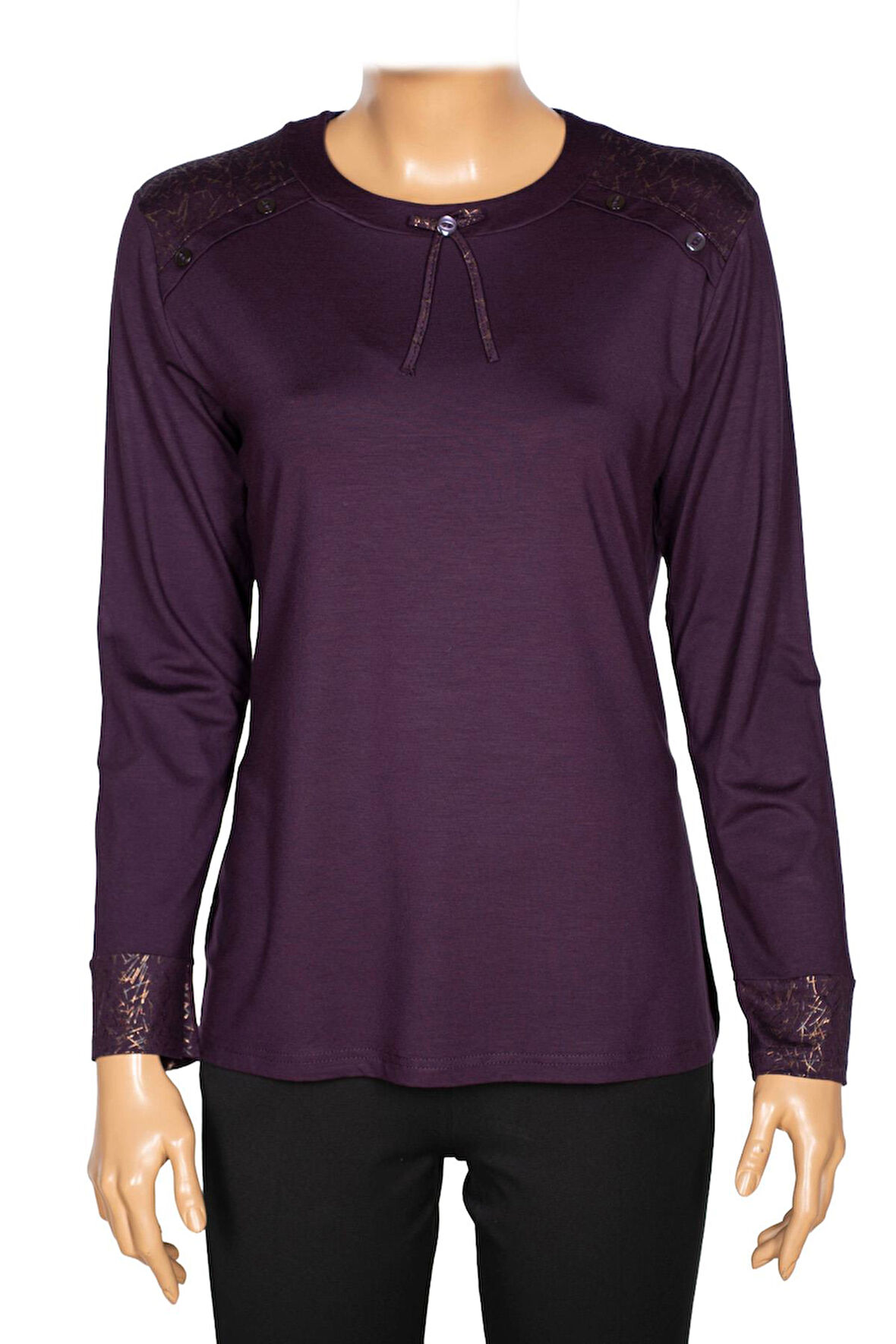 Simay Kadın Flora Ara Beden Kombinli Omzu Düğmeli Mürdüm Spor Bluz