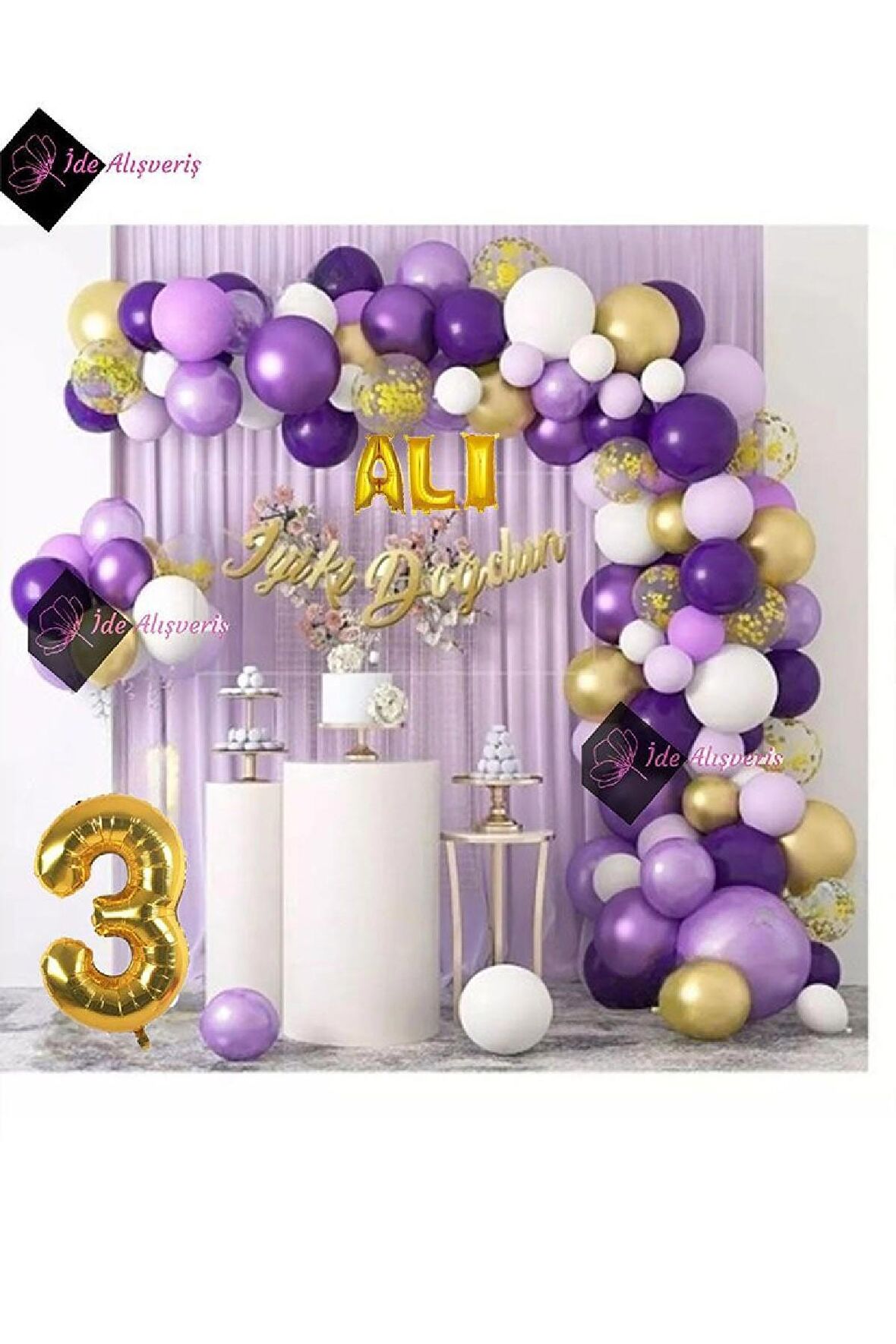3 Harf İsimli 3 Yaş Macaron Mor Balon Zinciri Seti Gölge Mor Altın Balon Dekorasyon