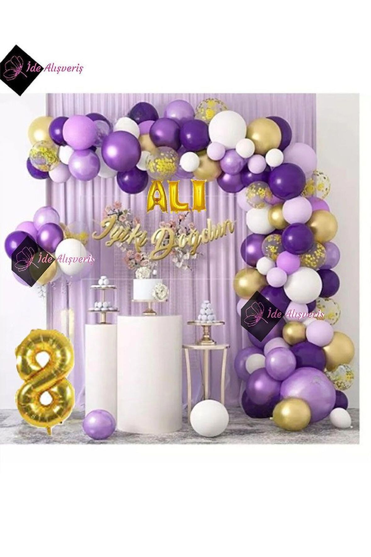 3 Harf İsimli 8 Yaş Macaron Mor Balon Zinciri Seti Gölge Mor Altın Balon Dekorasyon