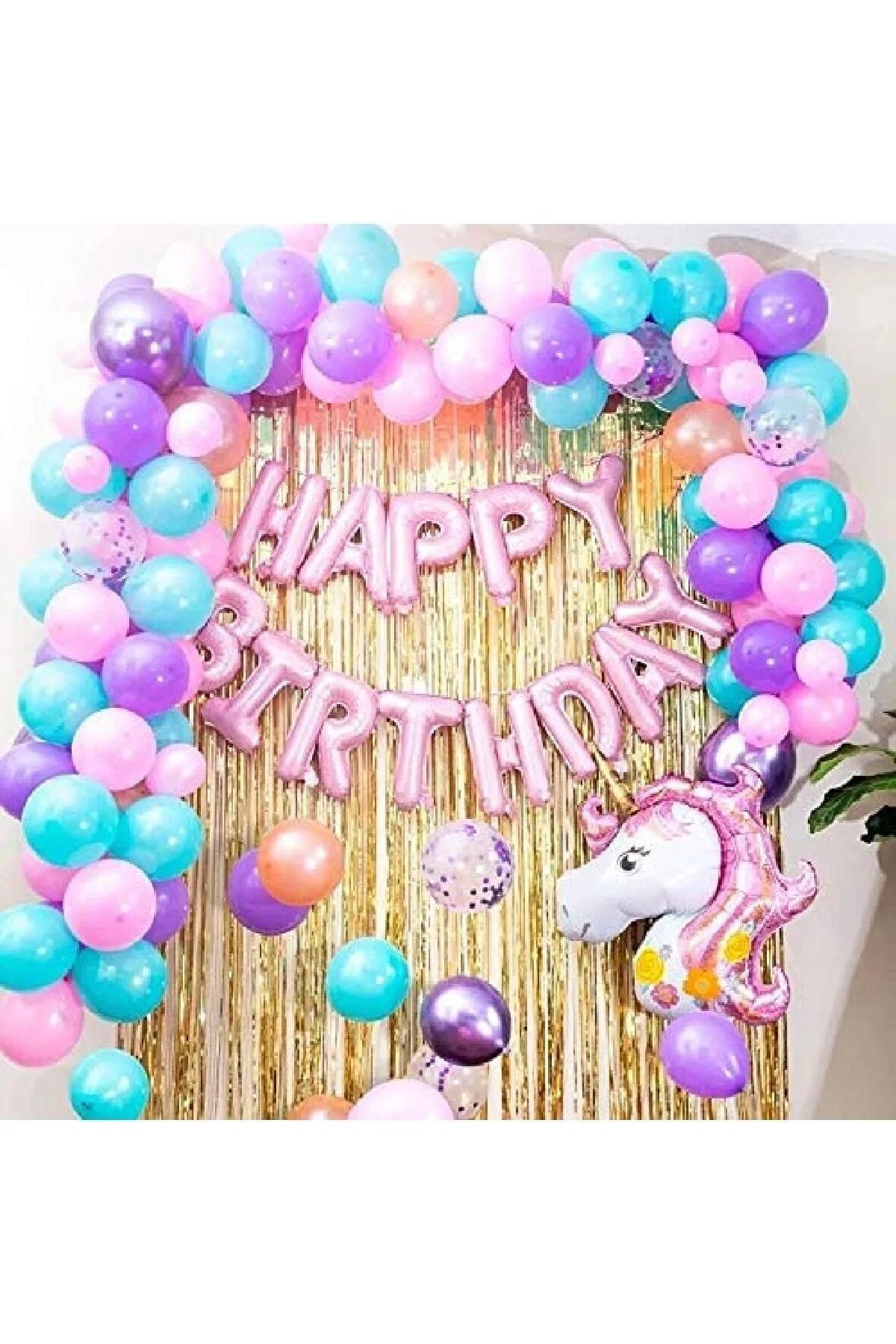Unicorn Temalı 50 Adet Balonlu Doğum Parti Konsepti