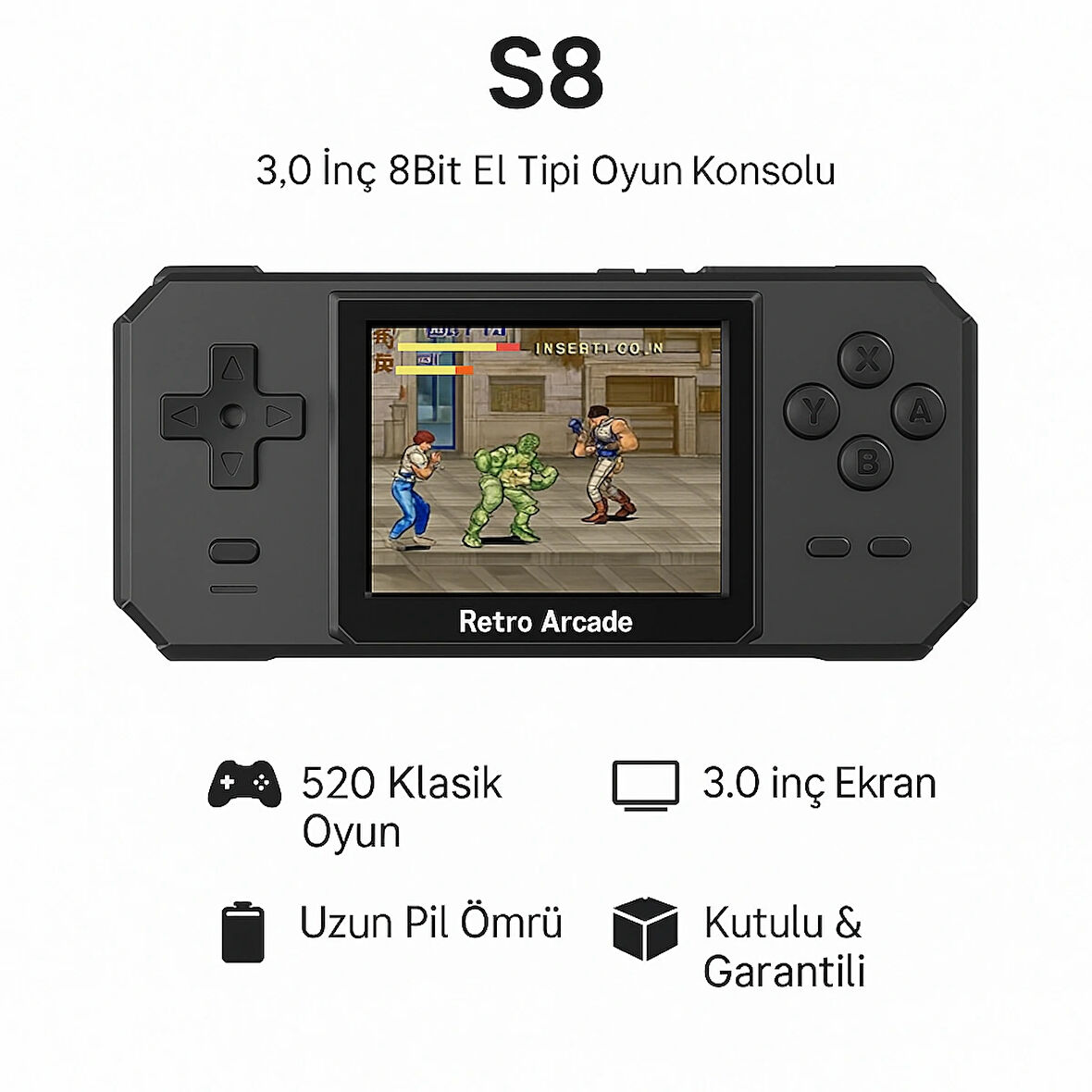 S8 Game CONSOLE-520 Oyunlu 3.0 inç Ekranlı Taşınabilir Mini Atari Gamebox