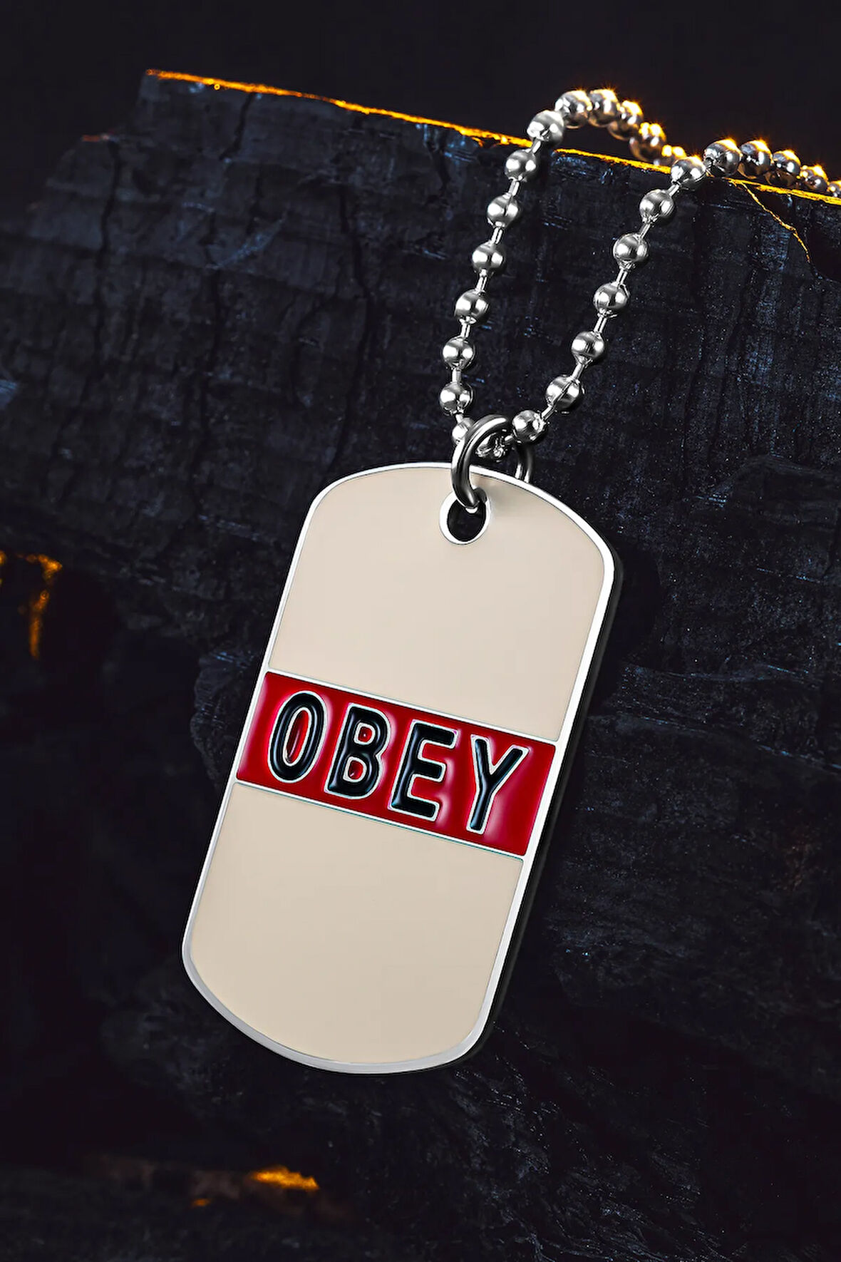 Urban Creed OBEY Yazılı Çelik Erkek Kolye Parlak Top Zincir