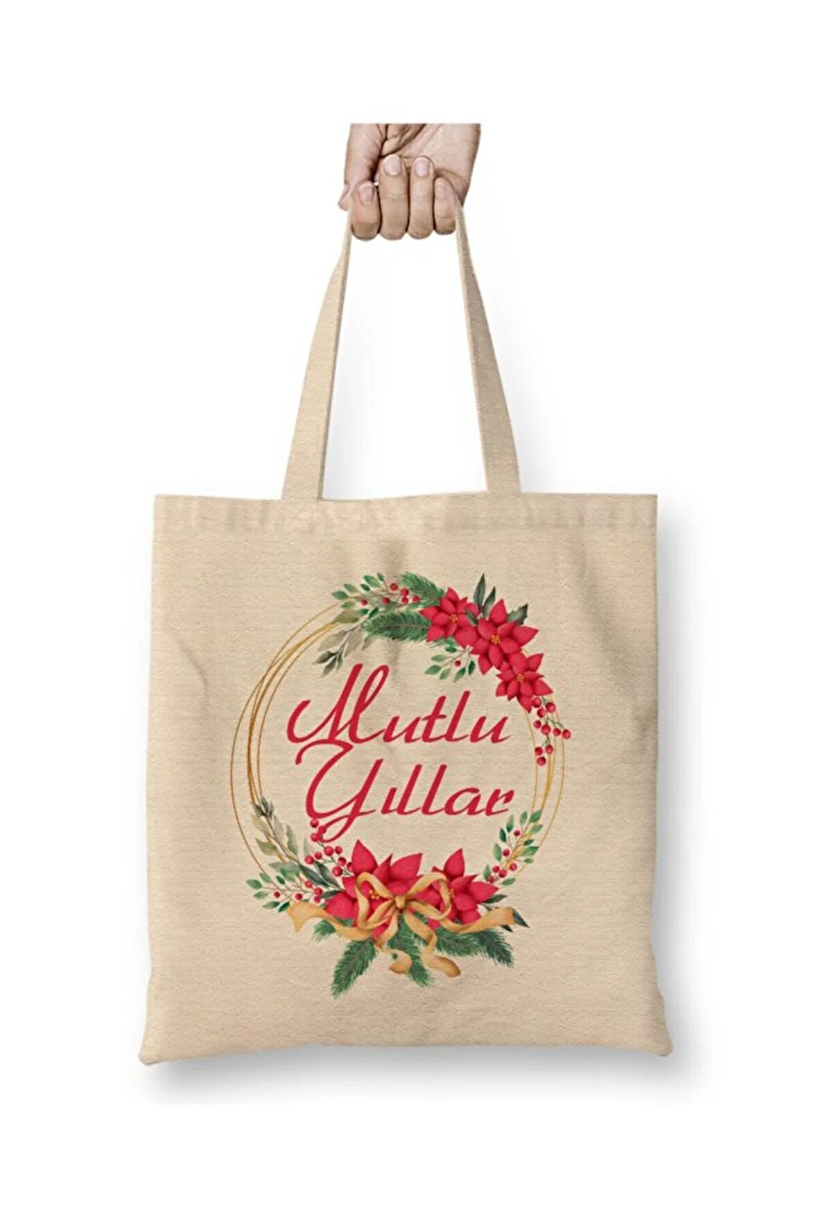 Yılbaşı Yeni Yıl Mutlu Yıllar Christmas Beyaz Bez Çanta Uzun Saplı Alışveriş Çantası Plaj Çantası