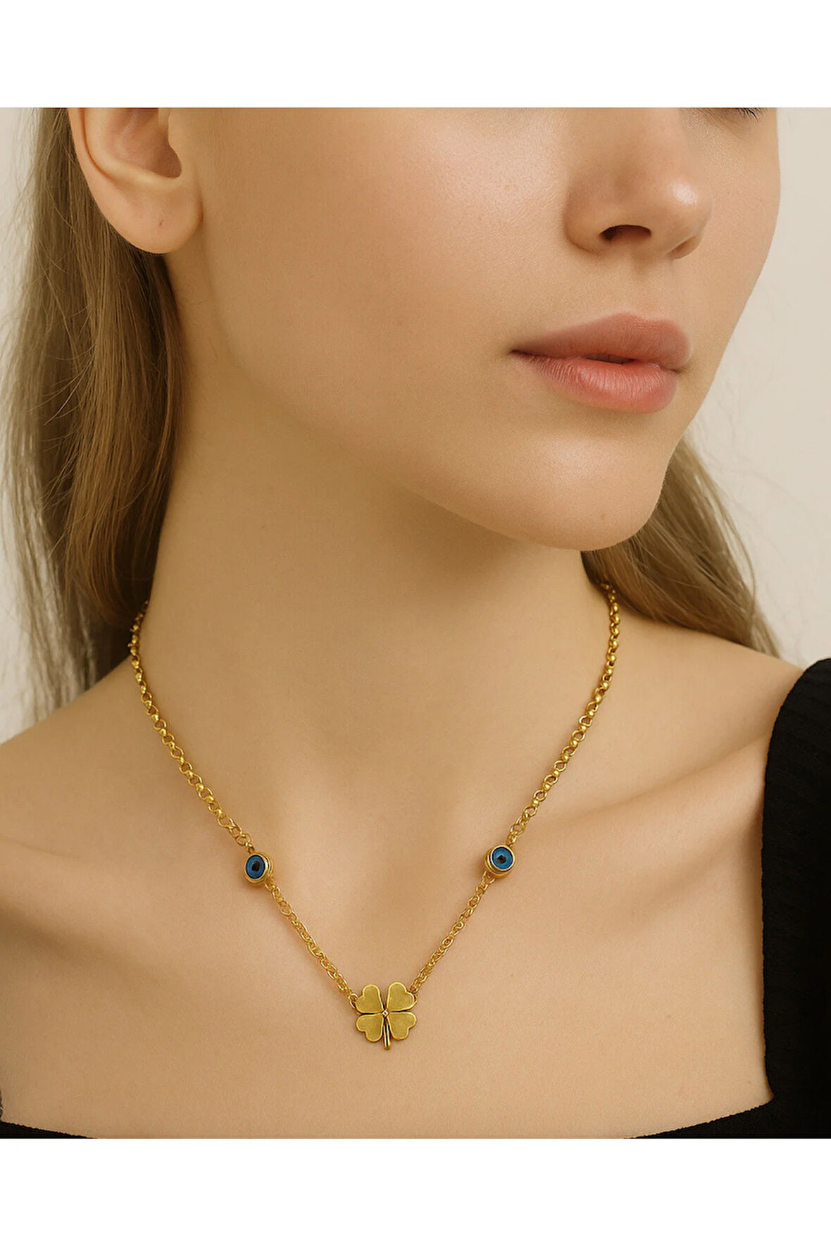 1.sınıf Çelik Kararma Yapmaz Altın Kaplama Nazar Boncuklu Yonca Figürlü Kolye