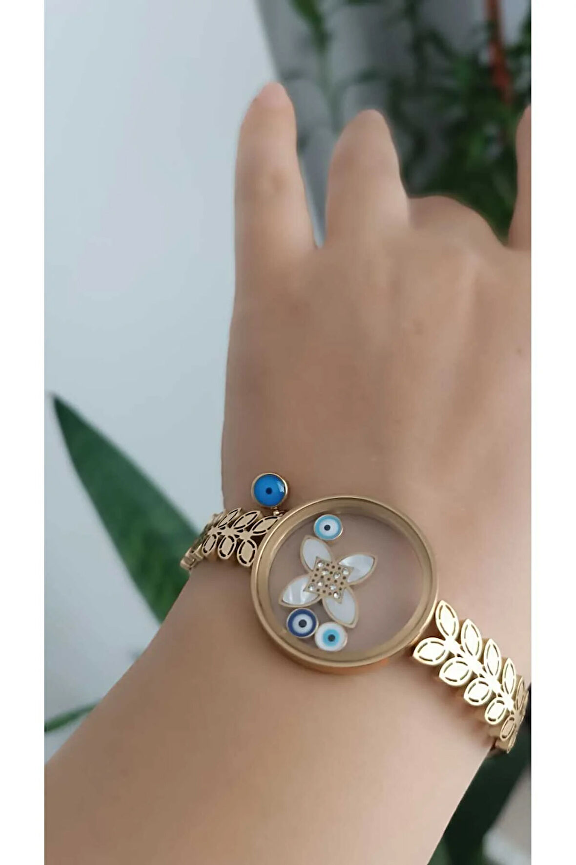 316L Çelik Kararma Yapmaz Altın Kaplama Fanus Nazar Boncuklu Bileklik