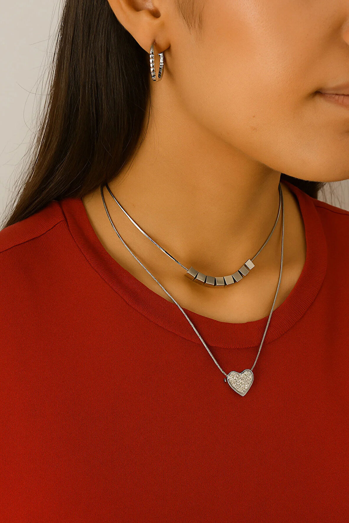 Çelik Kararma Yapmaz Kare Taşlı Kalp Figürlü Silver Kolye