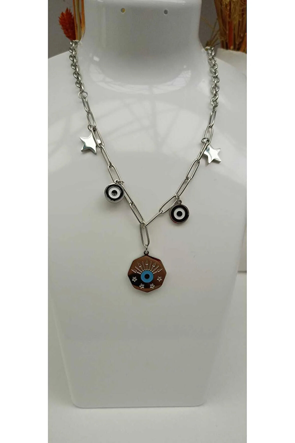 1.Sınıf Çelik Kararma Yapmaz Yıldız ve Nazar Boncuklu Silver Kolye