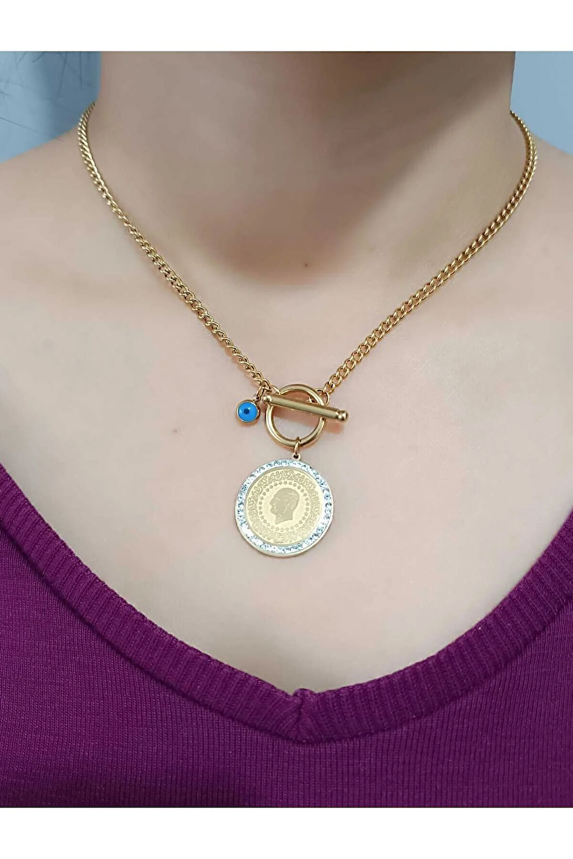 1.Sınıf Çelik Kararma Yapmaz Zirkon Taş Detaylı Çeyrek Altın Figürlü Kolye