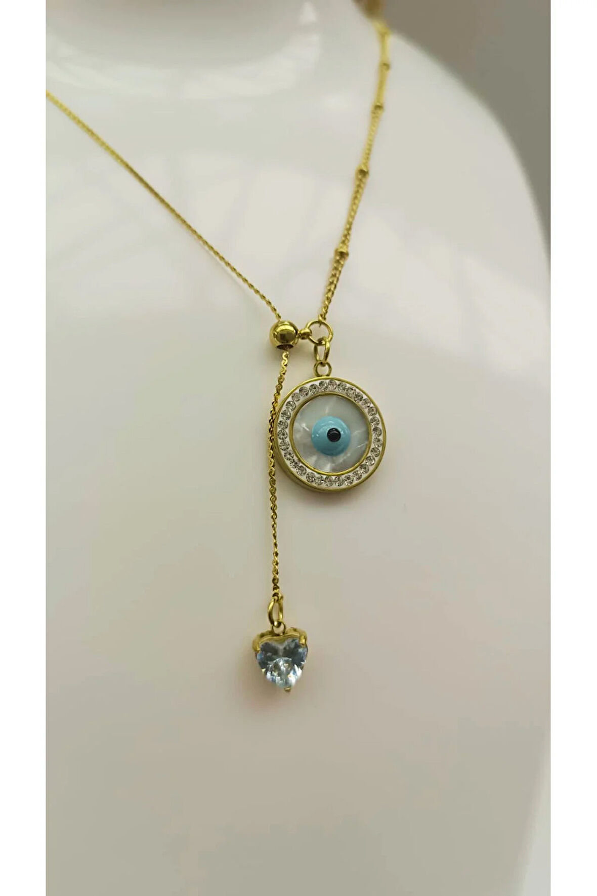 Çok Şık ve Zarif Kararma Yapmaz Zirkon Taş Detaylı Nazar Boncuğu Figürlü Kolye