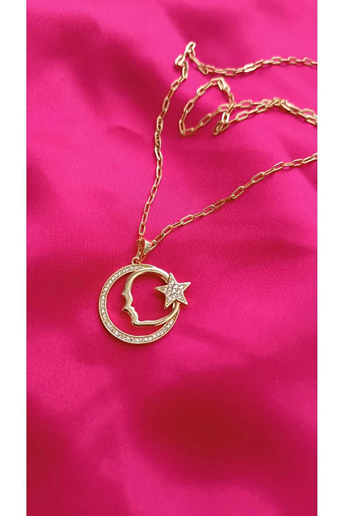 Xuping Kararma Yapmaz 14K Kaplama Atatürk Silüetli Zirkon Taşlı Ayyıldız Kolye