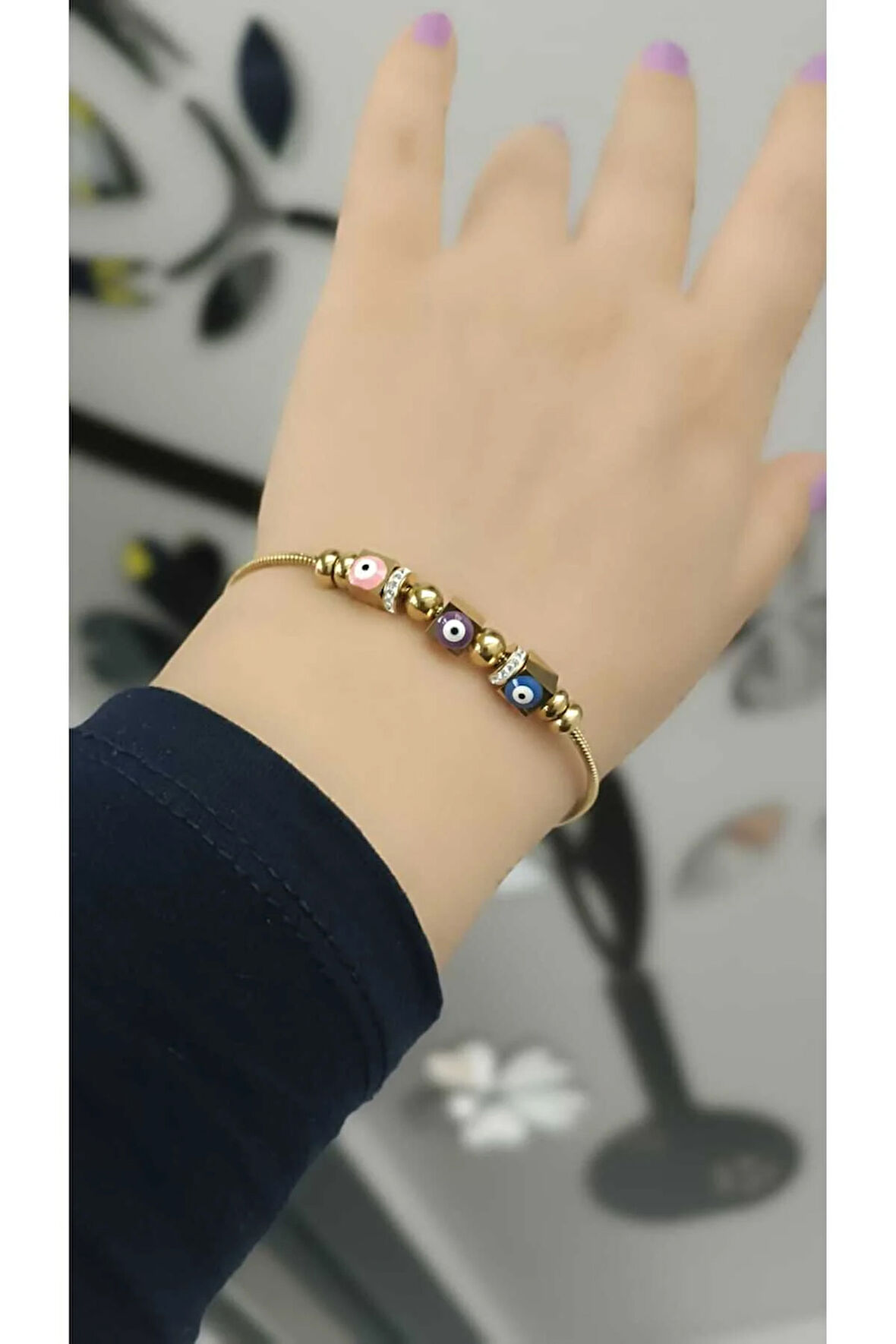 1.Sınıf Çelik Kararma Yapmaz Nazar Boncuk Detaylı 3 Küplü Bileklik