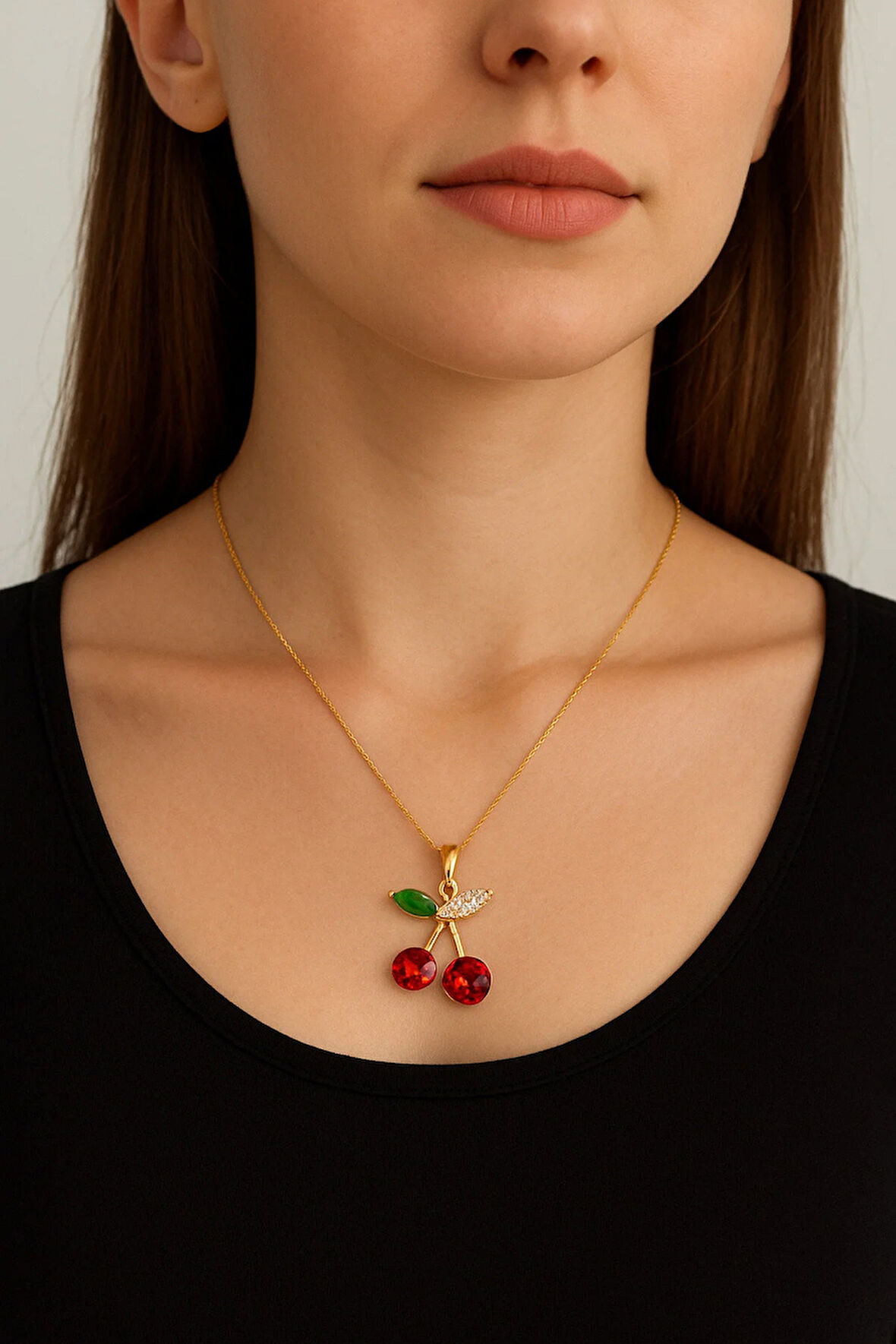 Çelik Kararma Yapmaz Kiraz Figürlü Zirkon Taşlı Gold ve Gümüş Çeşitli Kolye