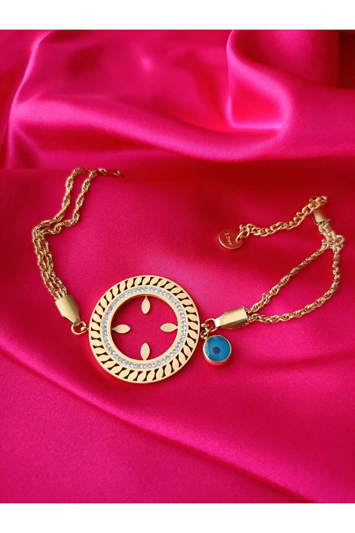 Çelik Kararma Olmaz Çift Zincirli Nazar Boncuklu Zirkon Taşlı Çeyreklik Kadın Bileklik