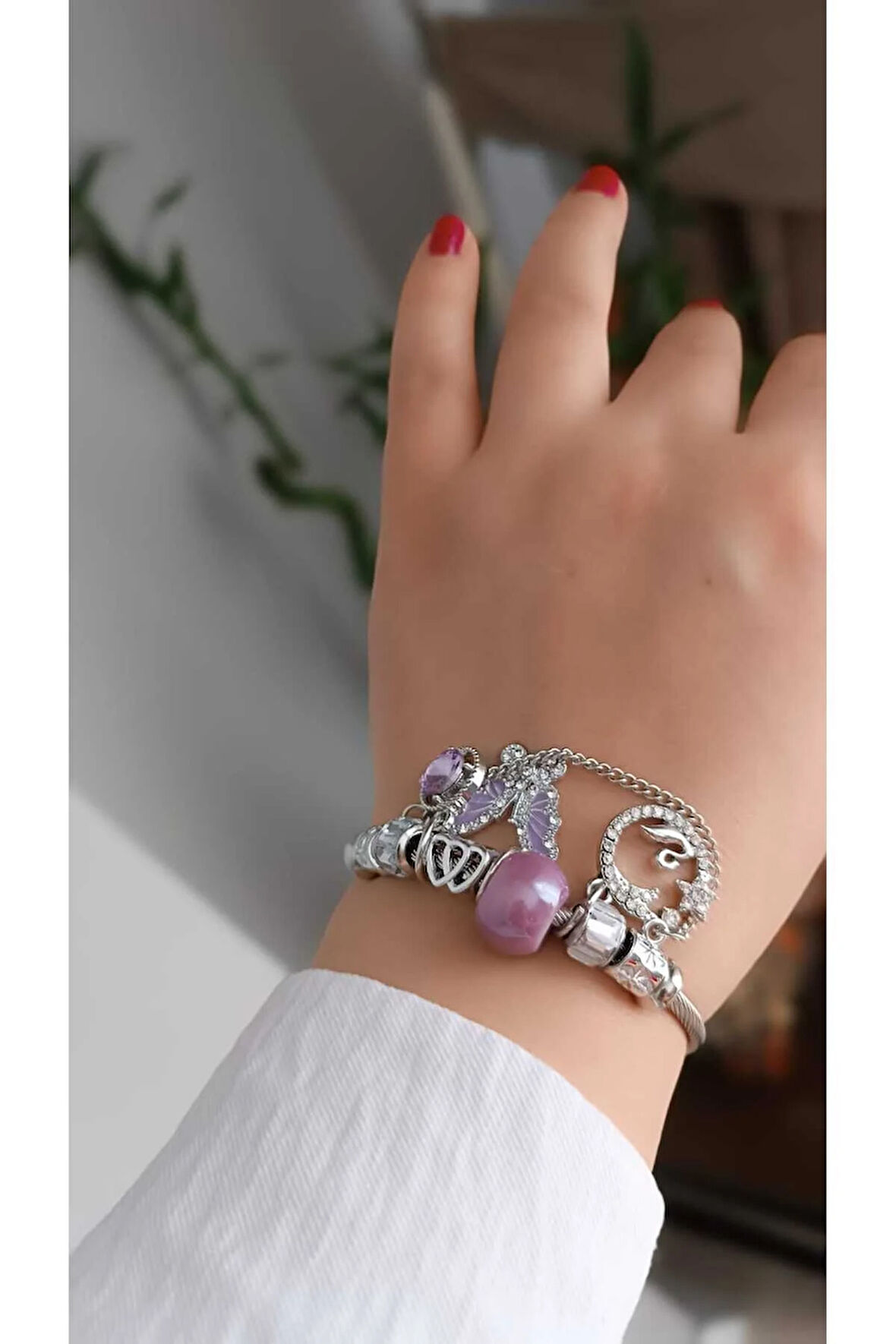 1.Sınıf Çelik Kararma Yapmaz Silver Mor Kelebek Bileklik