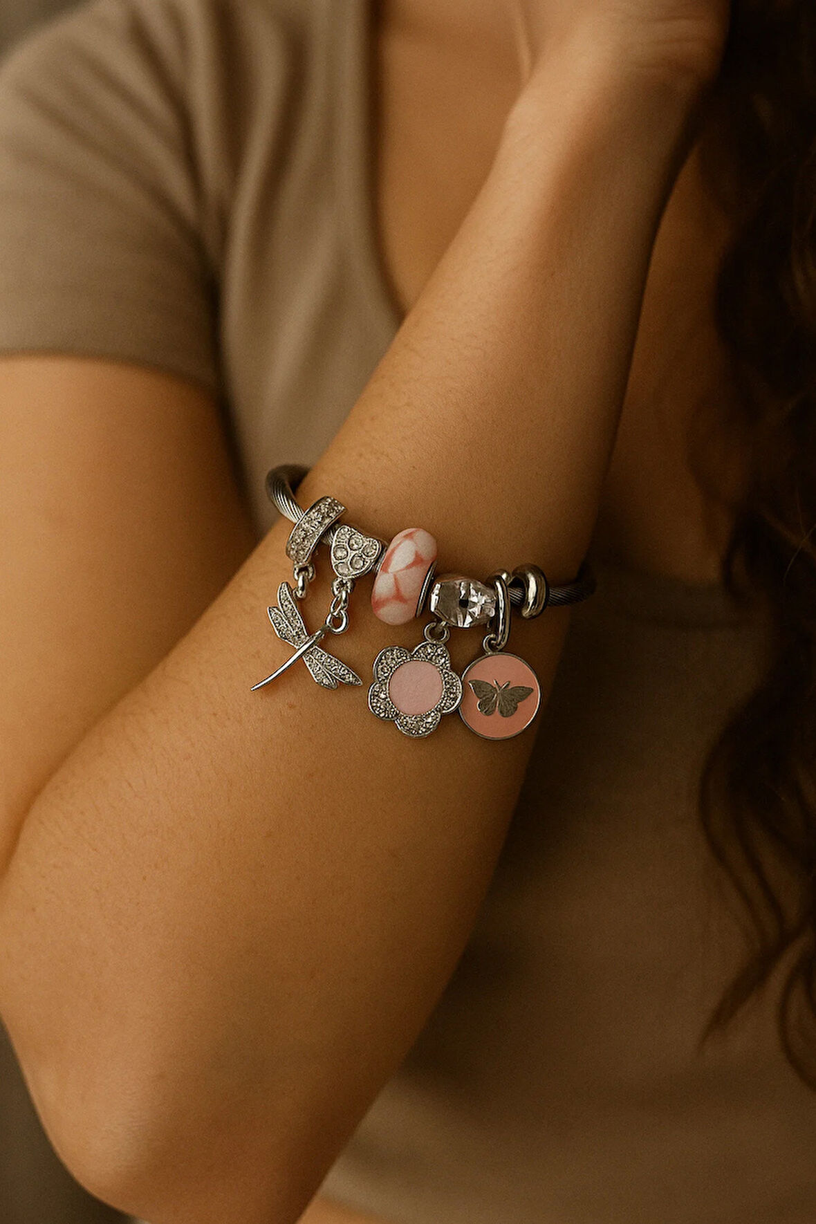 1.Sınıf Çelik Silver Kararma Yapmaz Pembe Çiçekli Bileklik