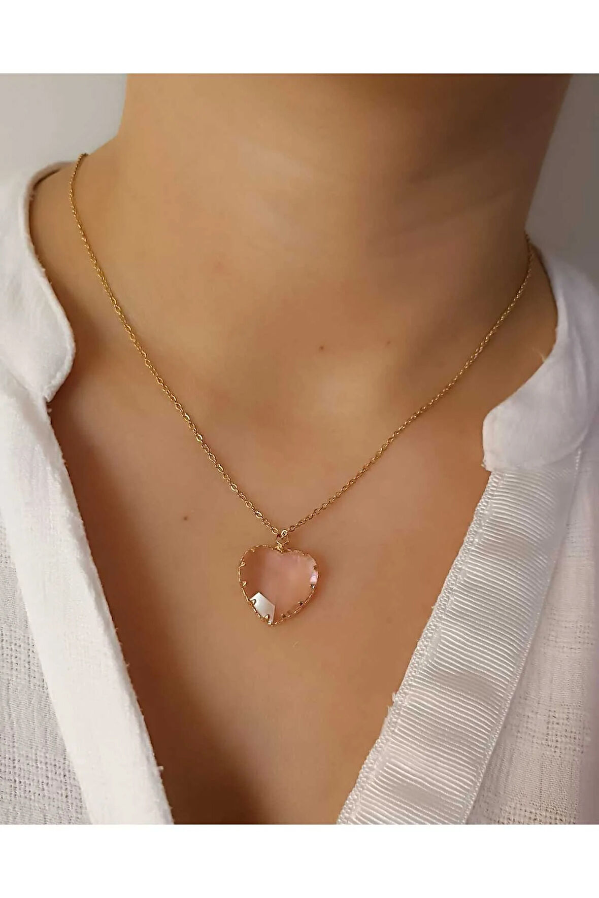 1.Sınıf Çelik Kararma Yapmaz Pembe Taşlı Kalp Figürlü Kolye