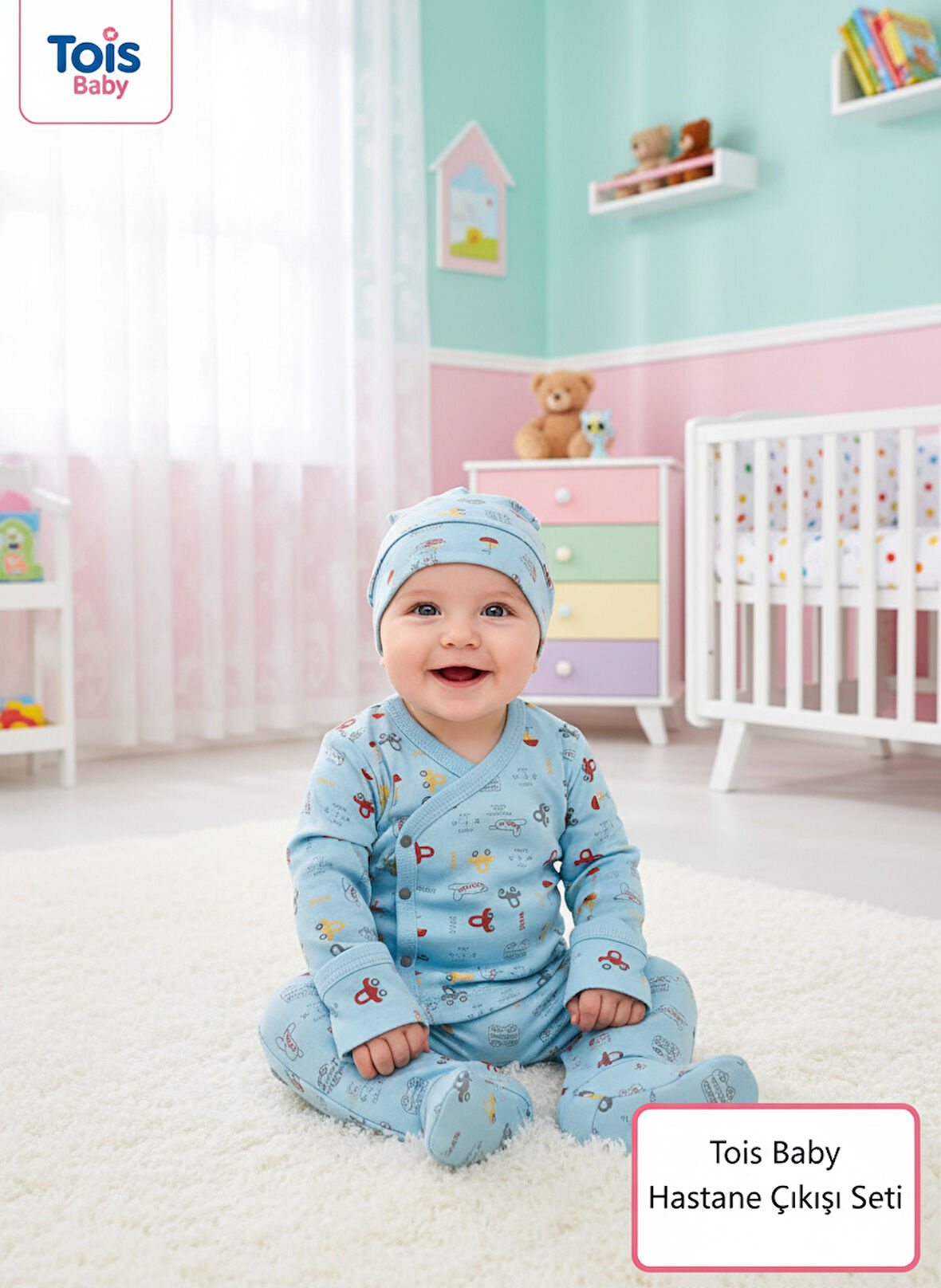 Tois Baby Desenli Patikli Organik Hastahane Çıkışı Bebek Takımı 0-3 Ay Mavi