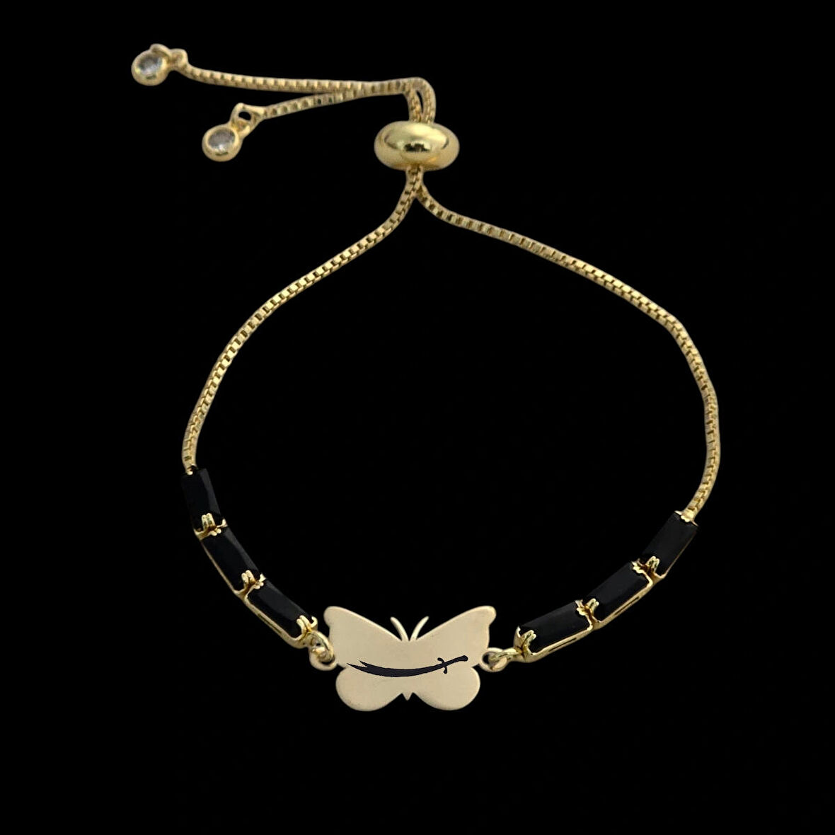 Zülfikar Temalı 14 Ayar Altın Plakalı Zincirli Kelebek Motifli Hediye Bileklik-343sembol-siyahtaş