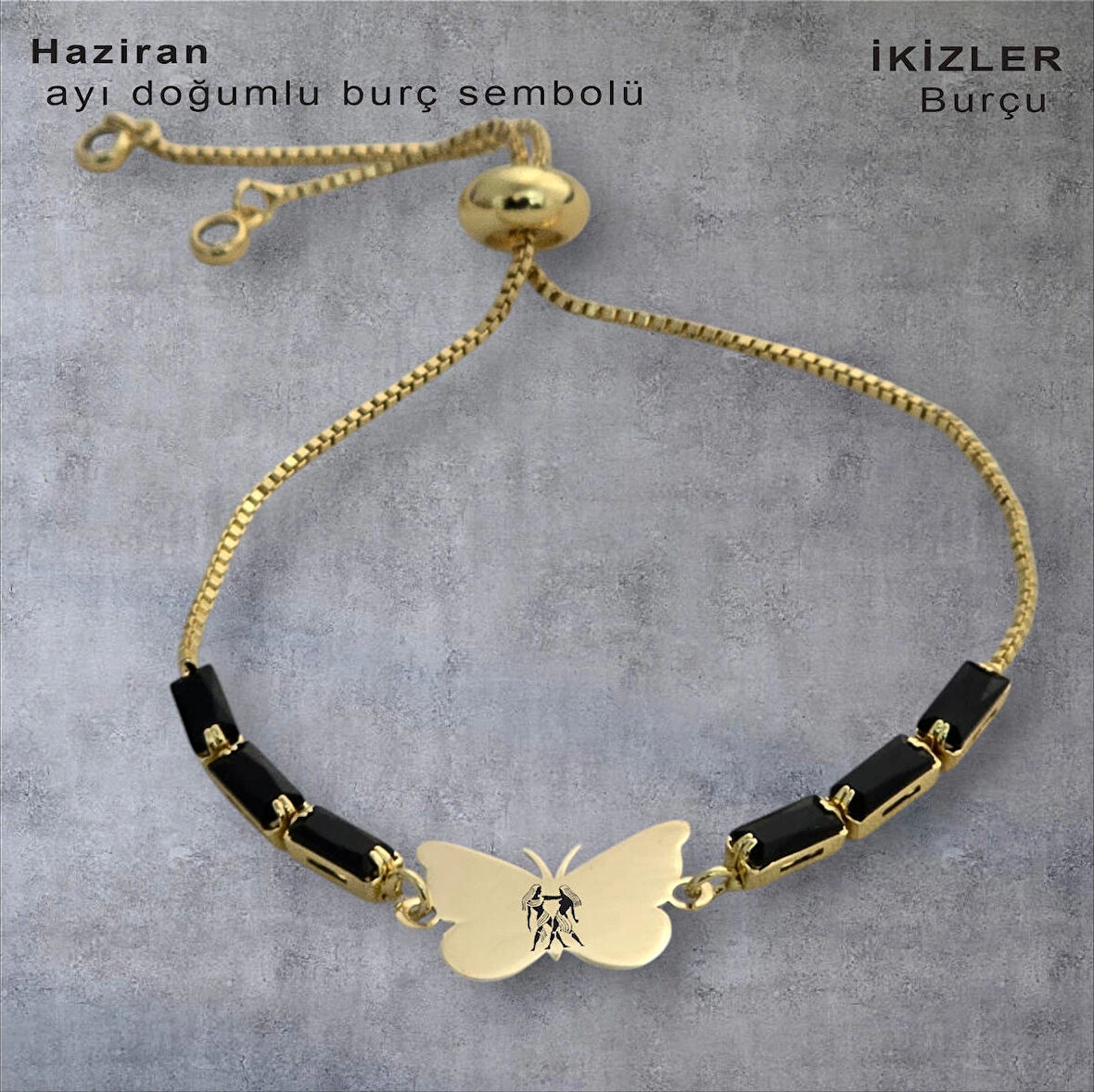 İkizler Burçlarına Zincirli Kelebek Motifli 14 Ayar Altın Plakalı Hediye Bileklik-343burç-siyahtaş