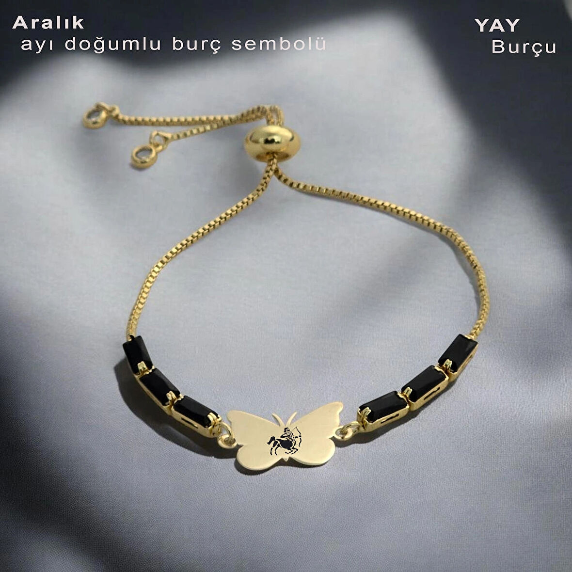 Yay Burçları İçin Zincirli Kelebek Motifli 14 Ayar Altın Plakalı Hediye Bileklik-343burç-siyahtaş