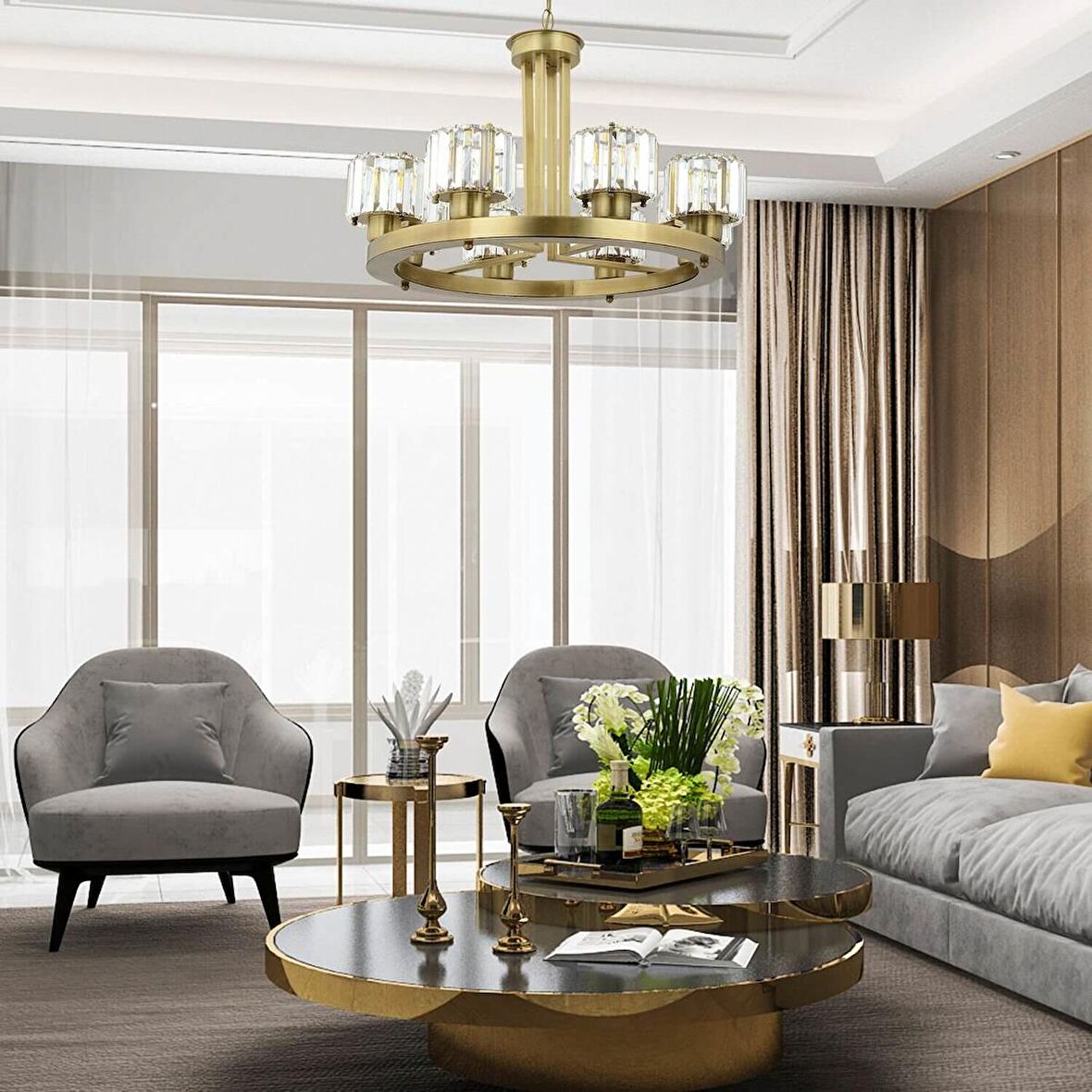 Ramo 8 Li Eskitme Kristalli Taşlı Modern Tasarım Kristal Salon Avize