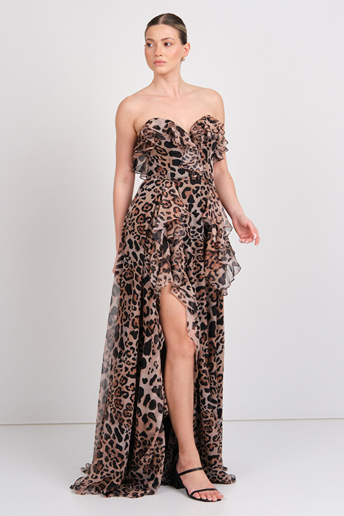 Şeref Vural Kadın Straplez Leopar Desenli Maxi Abiye Elbise 8317 Leopar