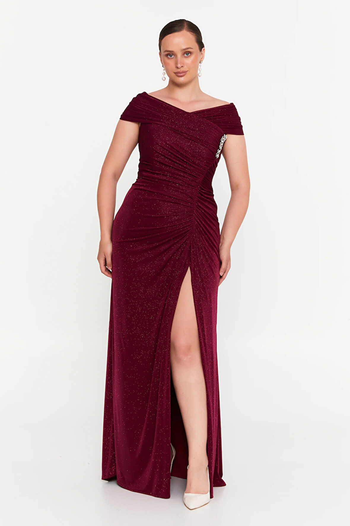 Şeref Vural Kadın Büyük Beden Simli Derin Yırtmaçlı Maxi Abiye Elbise 8210 Bordo