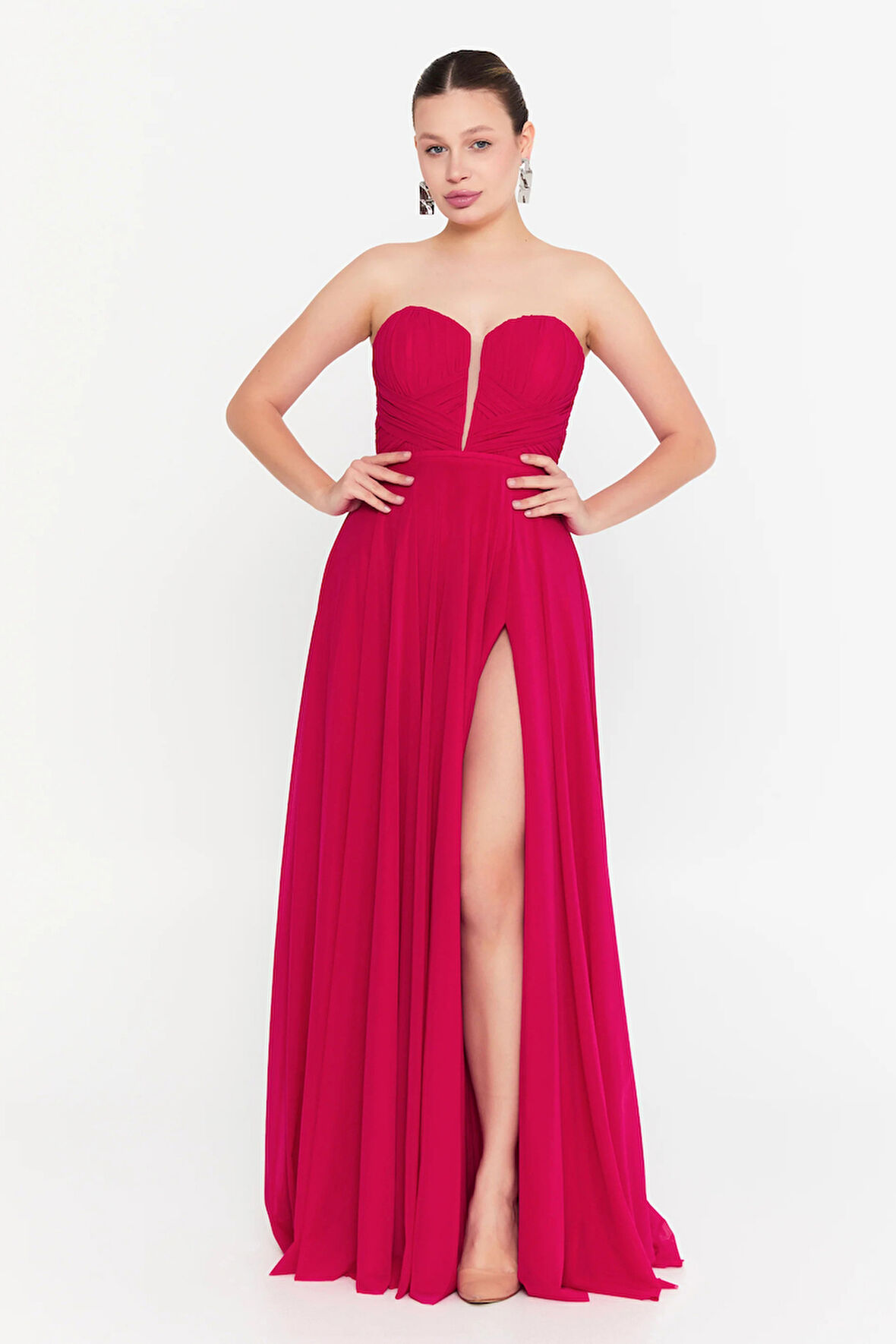 Şeref Vural Kadın Straplez Derin Yırtmaçlı Maxi Abiye Elbise 8322 Mercan