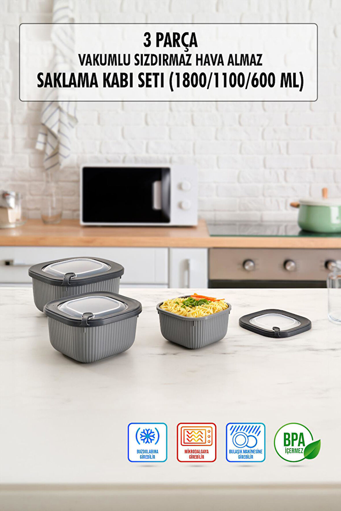 Kare 3 Parça Vakumlu Sızdırmaz Hava Almaz Saklama Kabı Seti Füme (1800/1100/600 Ml)