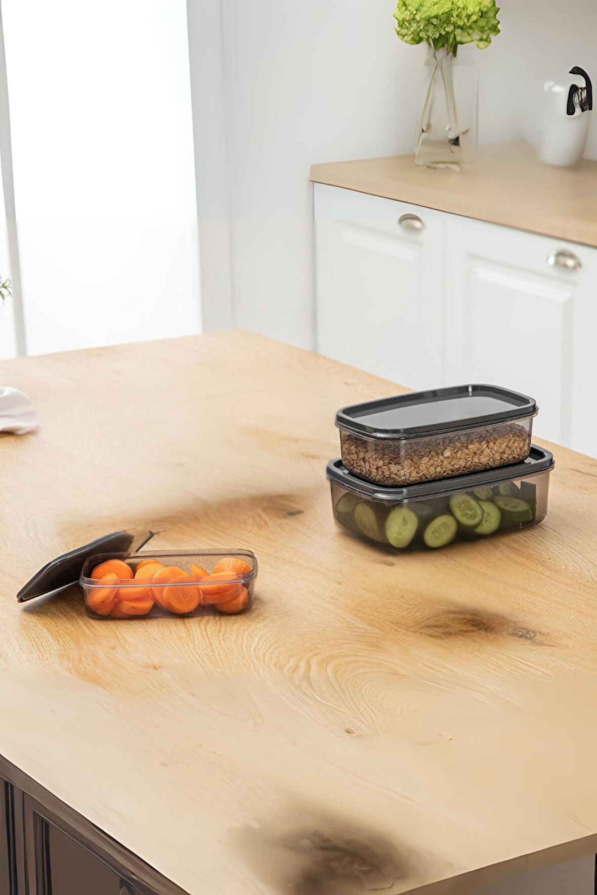 Oval 3 Parça Hava Almaz Sızdırmaz Saklama Kabı Seti Füme (300/500/800 ml)