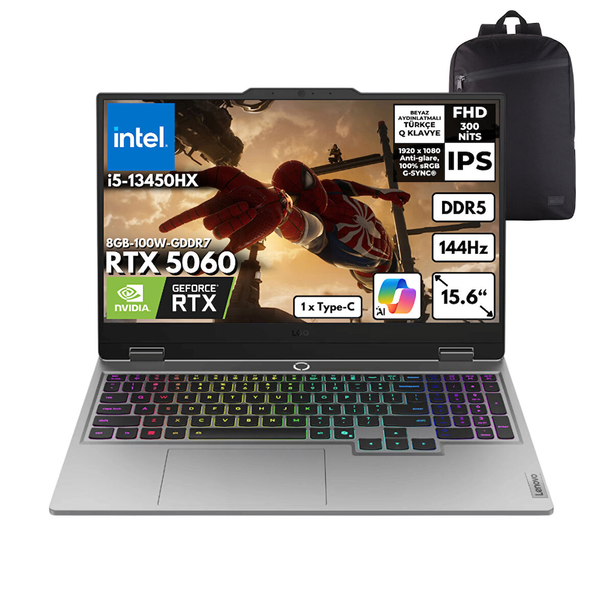 Lenovo LOQ i5-13450HX 32-GBDDR5 1 TBSSD RTX5060 (8GB-100W-GDDR7) 15.6" FHD Freedos + HMF Sırt Çantası 83JE00ENTRHMF2