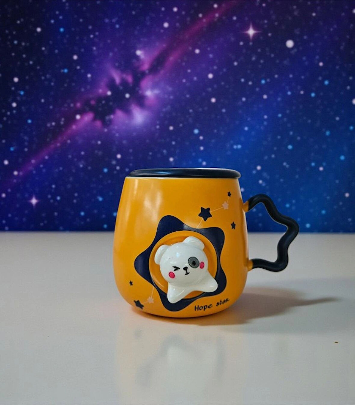  Uzay Temalı Kapaklı Yıldız Kedi Kupa Bardak, Kaşıklı, Şık ve Kullanışlı Tasarım