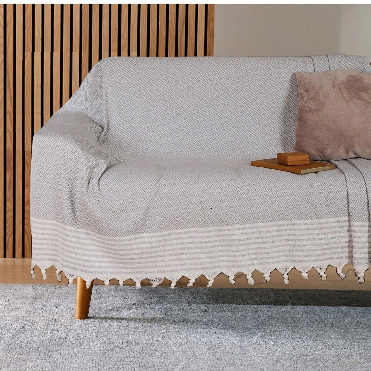 Buldan İşi Kaymaz Pamuklu Koltuk Örtüsü 170x210 Cm Koltuk Şalı Çekyat Kanepe Örtüsü - Açık Gri 