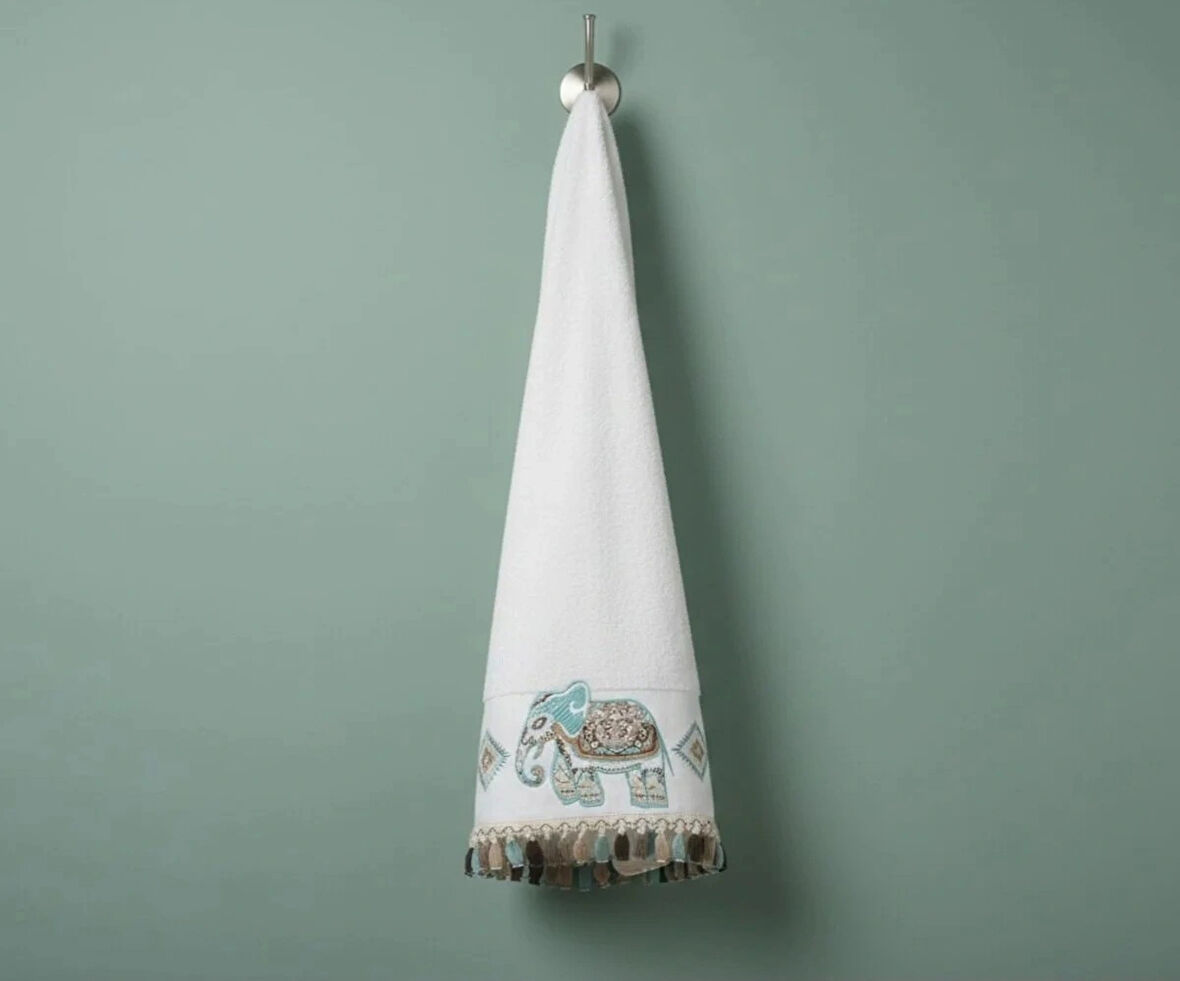 Turkuaz Fil Nakışlı El Yüz Havlusu 50x90 (100% Pamuklu)