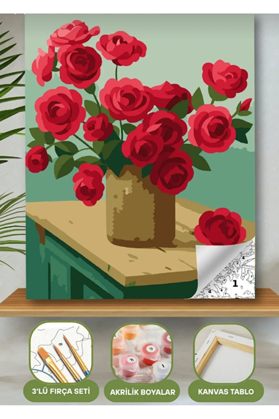 Sayılarla Boyama Seti 40x50 Cm (Çıtalı) Fırça Boya Dahil Numaralı Tuval Toprak Vazo Kırmızı Gül