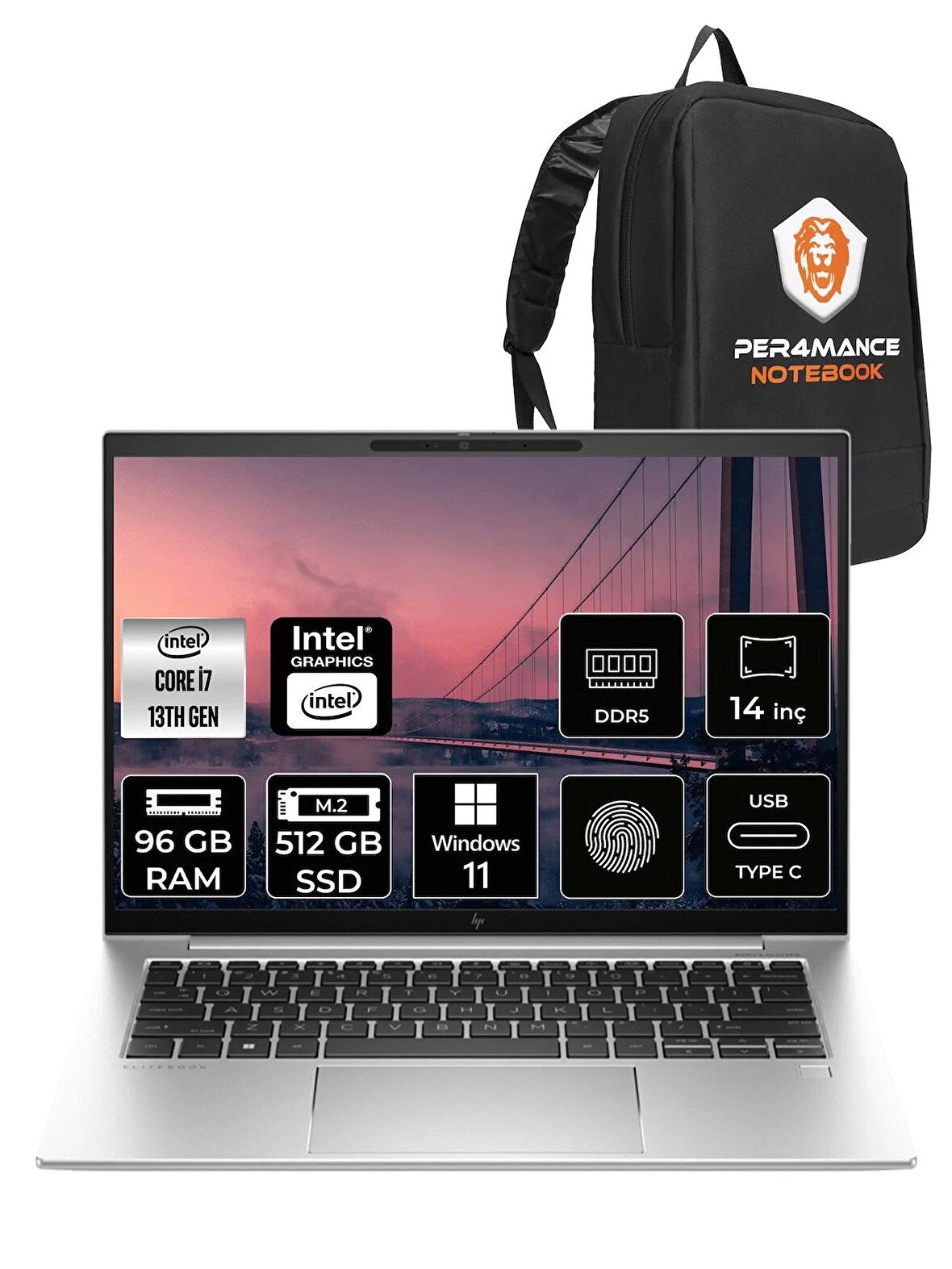 HP EliteBook 840 G10 i7-1355U 96GB RAM 512GB SSD 14'' WUXGA W11HOME 819H1EA & PER4 ÇANTA