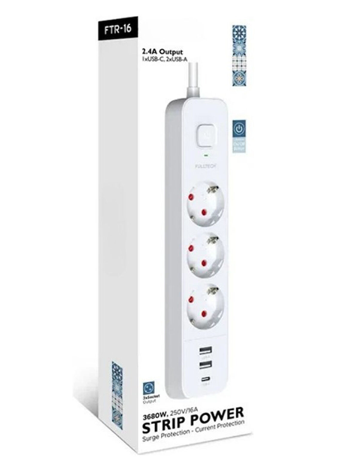 Akım Korumalı 2USB 1 Type-C  Girişli 2 Metre Uzatma Kablolu Akım Korumalı Priz