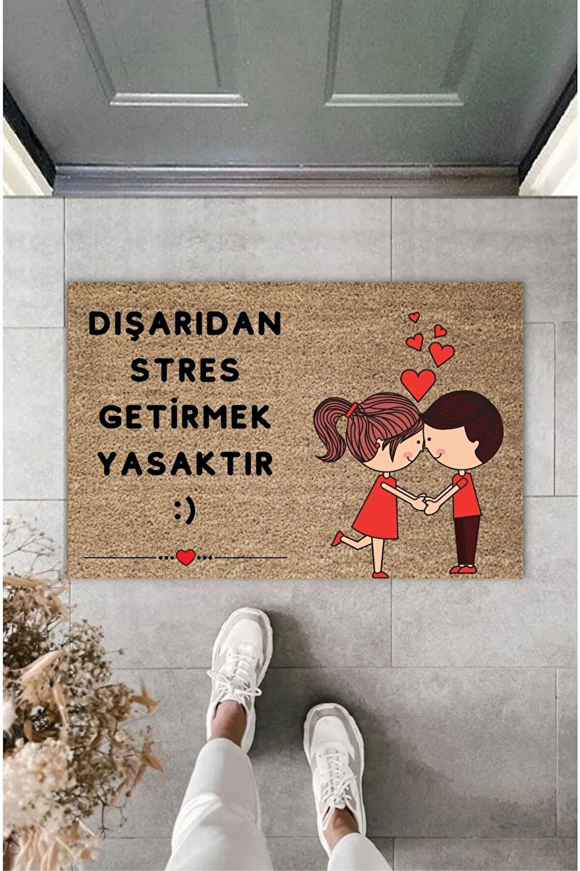 Kapı Önü Paspası Pvc Taban Dışarıdan Stres Getirmek Yasaktır Sevimli Çift Temalı