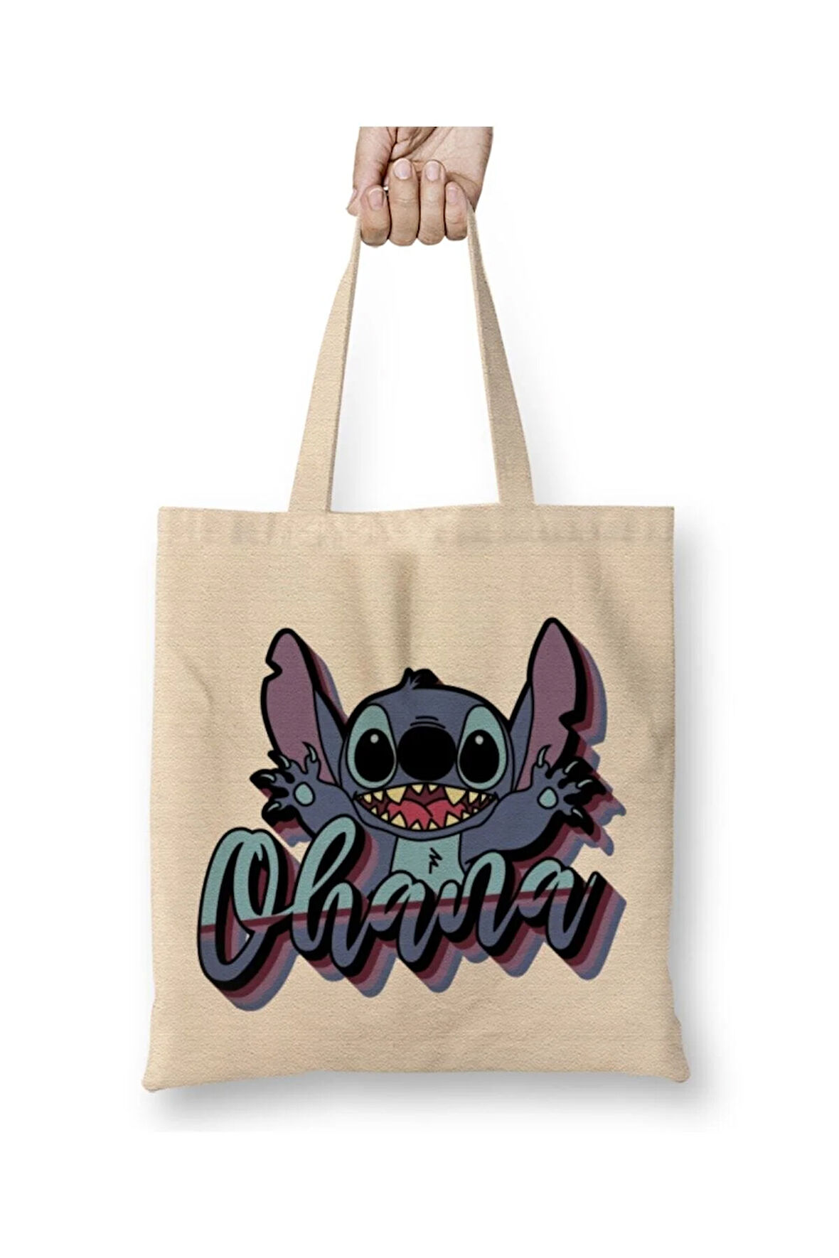 Ohana Vibes Stitch Beyaz Bez Çanta Uzun Saplı Alışveriş Çantası Plaj Çantası