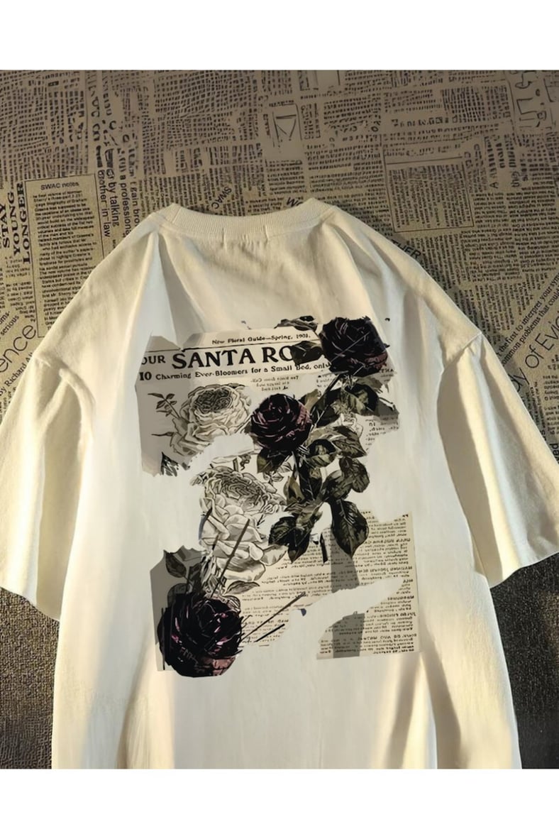 Yıkamalı Streetwear Rose Baskılı Unisex Oversize Vintage T-shirt